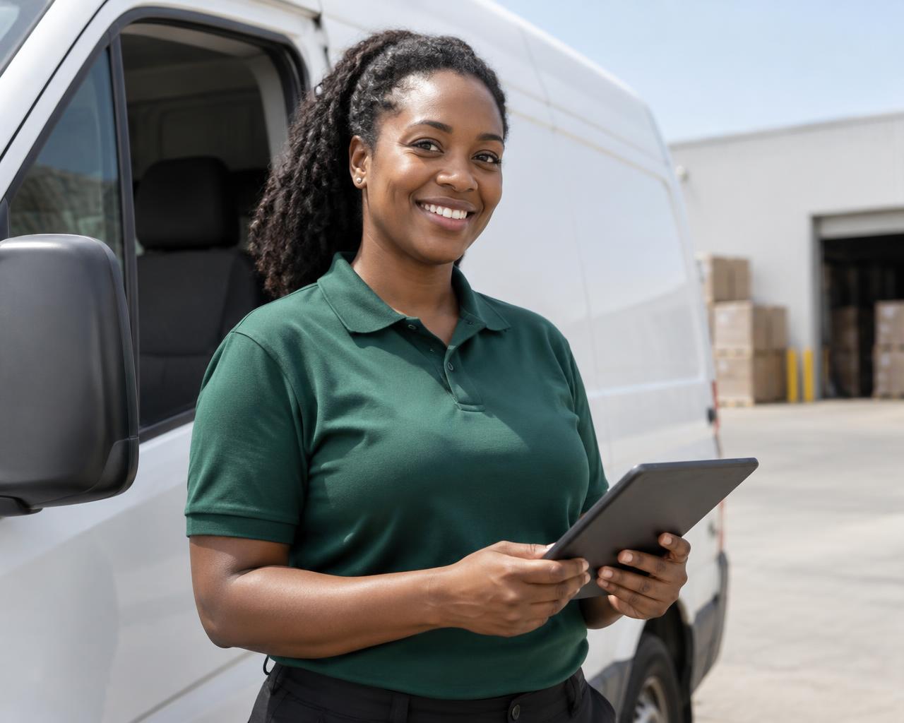 Delivery driver with a tablet beside a white cargo van
