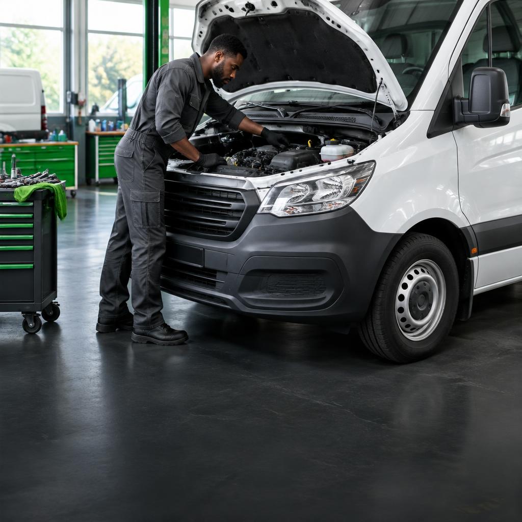 Technician coordinating commercial vehicle maintenance